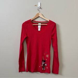 Disney women’s Minnie Mouse Red ribbed lace hem long sleeve top
